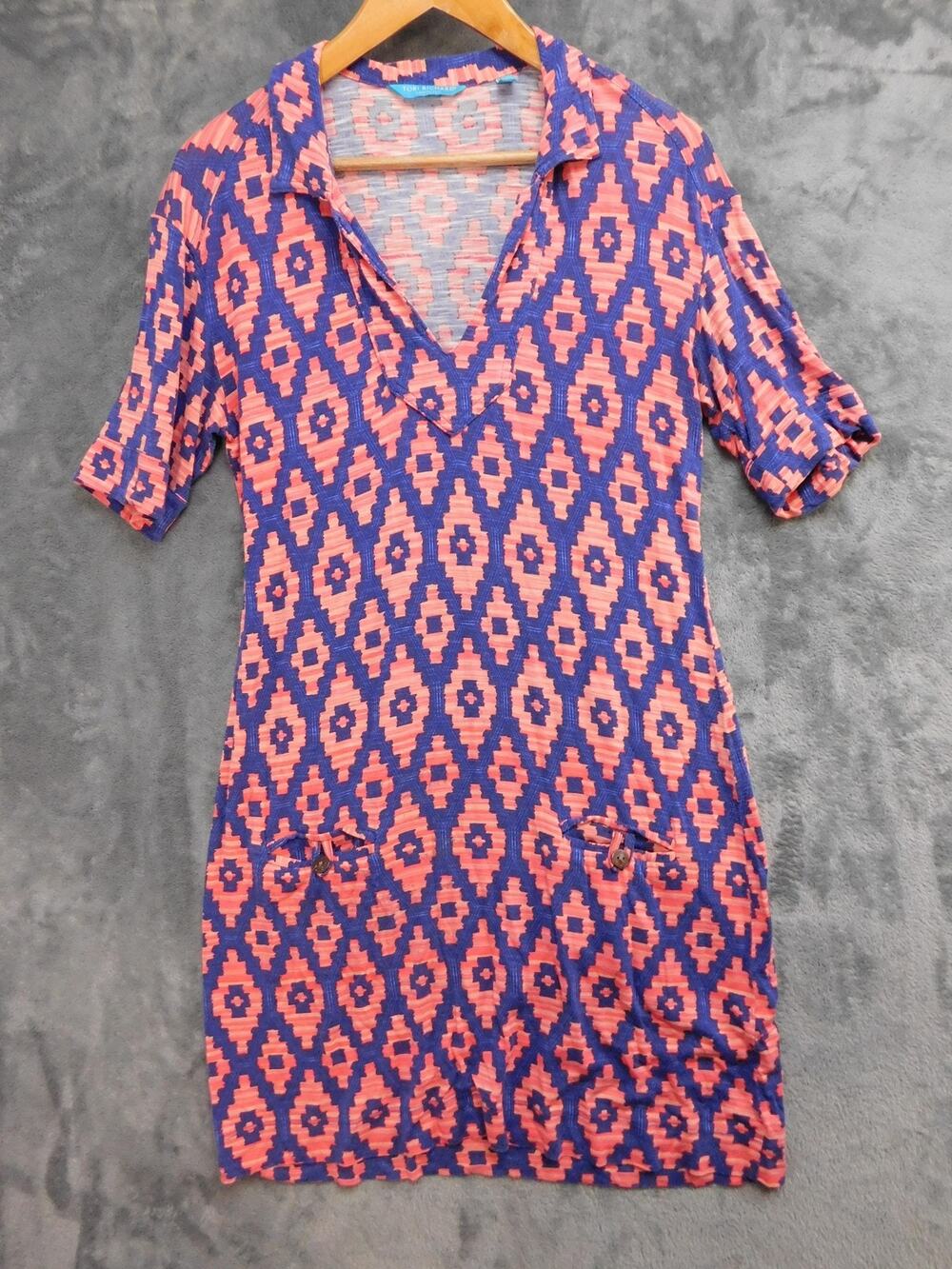 Tori Richard Dress Womens M Blue Geometric Shirt Dress Knee Length Pockets